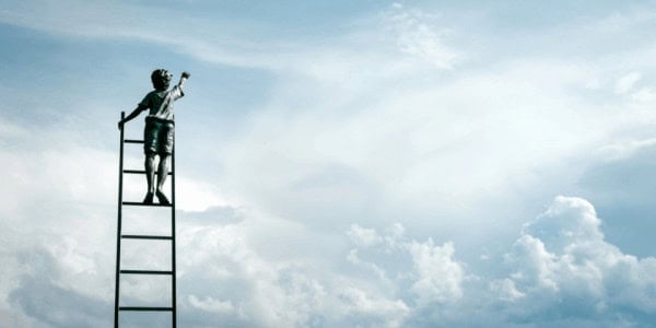 Child climbing ladder towards the sky, symbolizing growth and aspiration.
