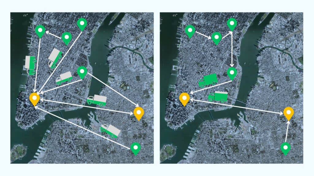 two logistics and transportation plan side by side showing the advantage of using advanced optimization models to increase fleet utilization