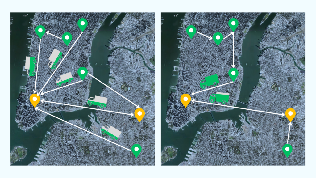 two logistics and transportation plan side by side showing the advantage of using advanced optimization models to increase fleet utilization
