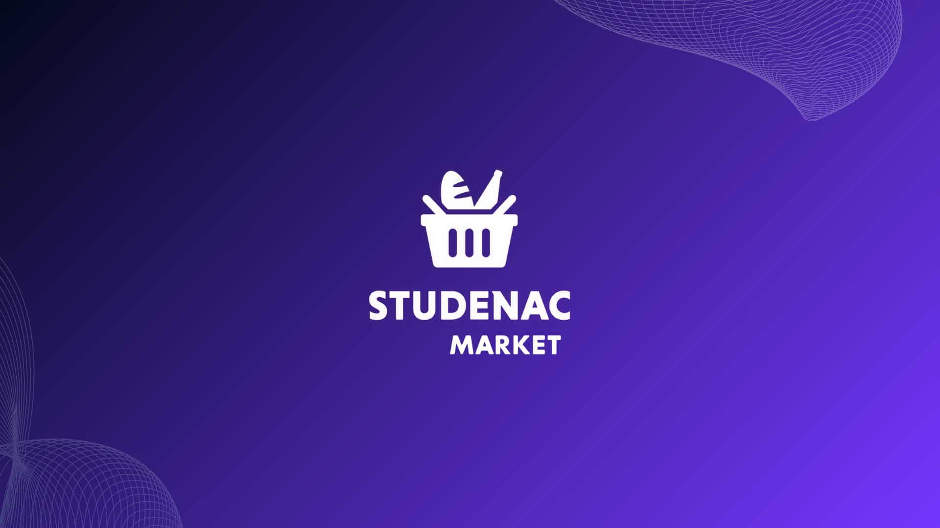 Studenac Market logo on a purple background with wave patterns.