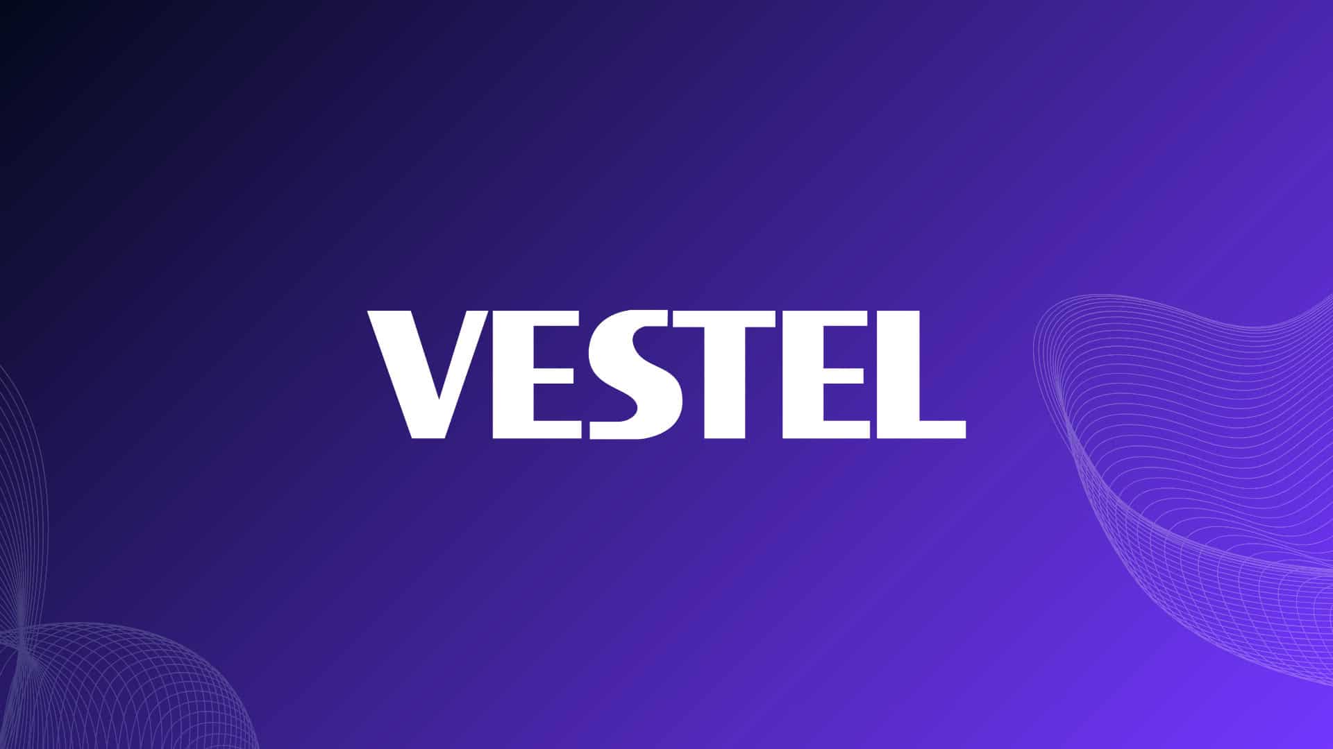 Vestel logo on a purple gradient background with abstract wave patterns.