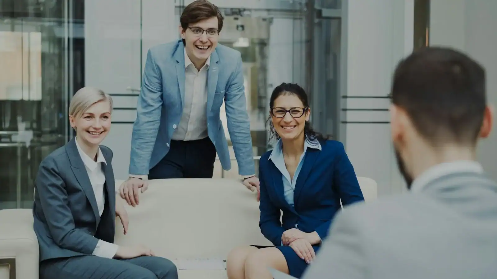 Business team collaborating in a modern office environment.