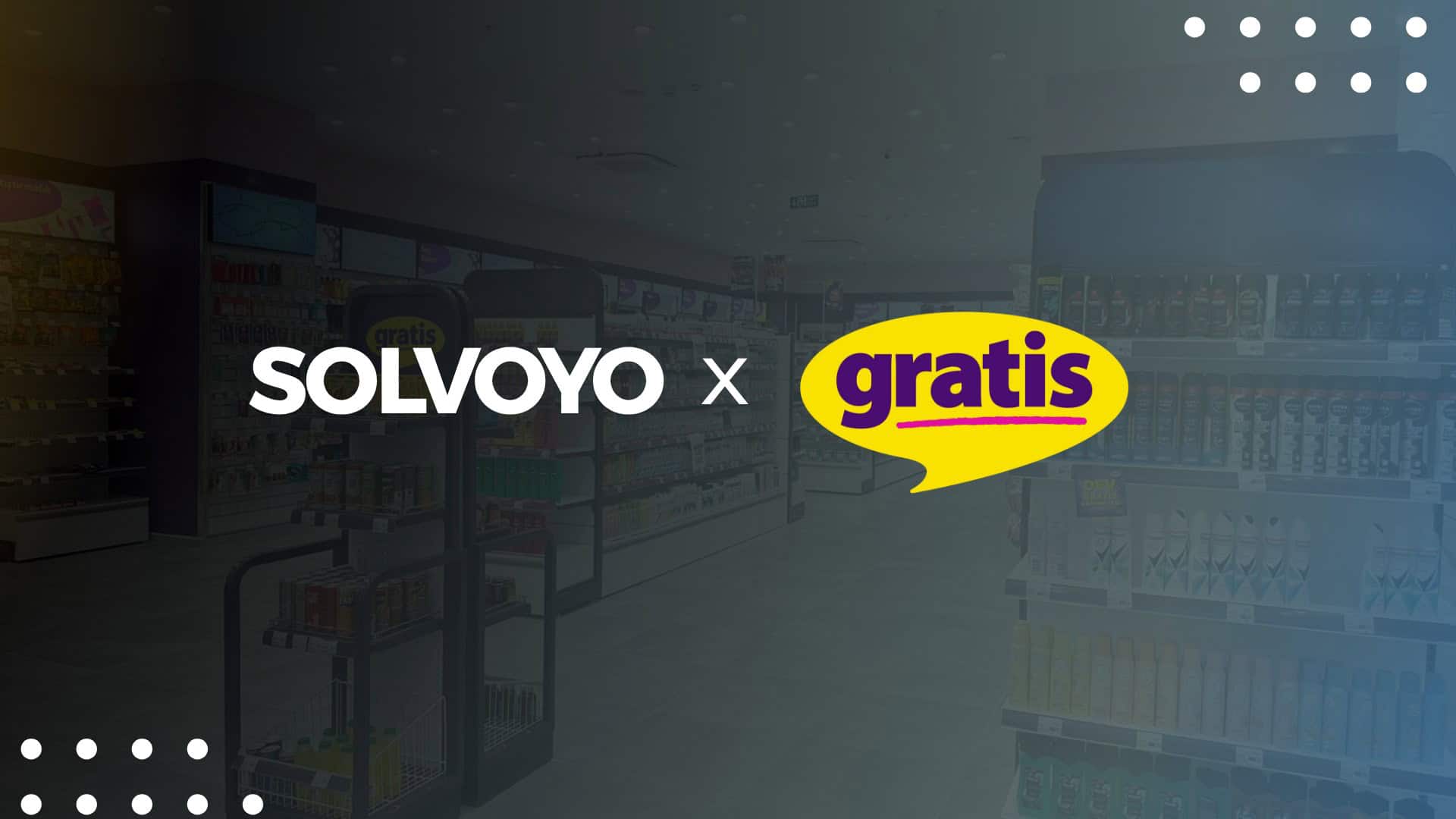 Solvoyo and Gratis collaboration logo in retail store setting.