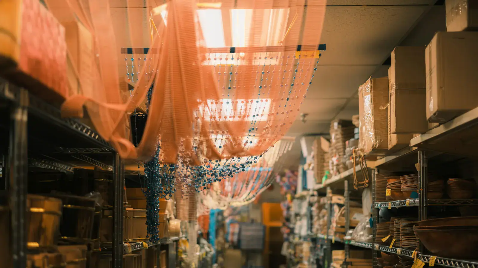 Stockroom shelves filled with boxed merchandise