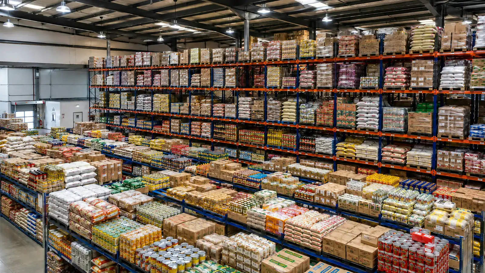 Warehouse racks stocked with packaged goods