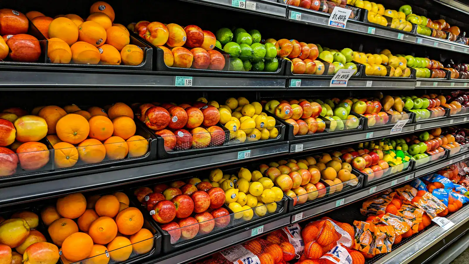 Fresh fruit displayed on grocery store shelves
