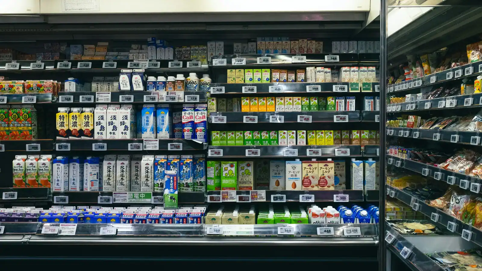Store fridges stocked with beverages and food