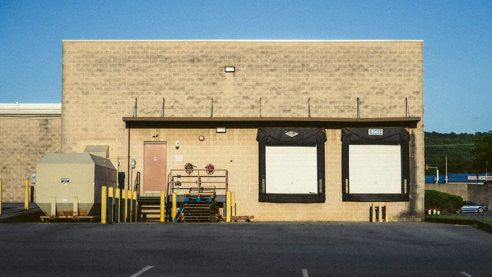 Warehouse building with two loading dock doors