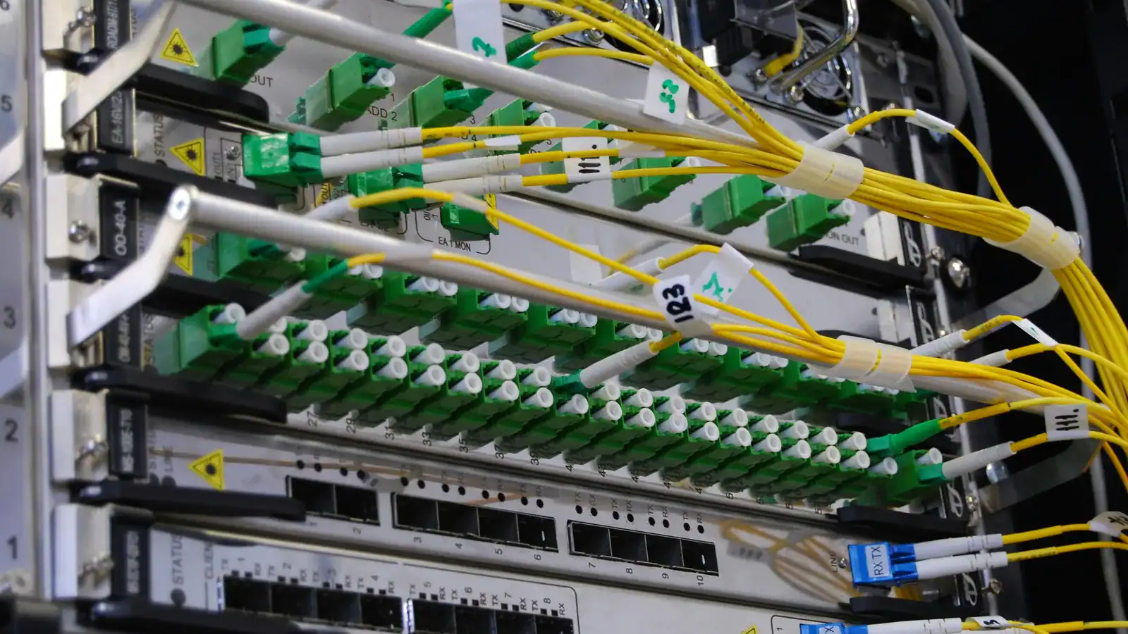 Fiber optic cables connected to a network switch