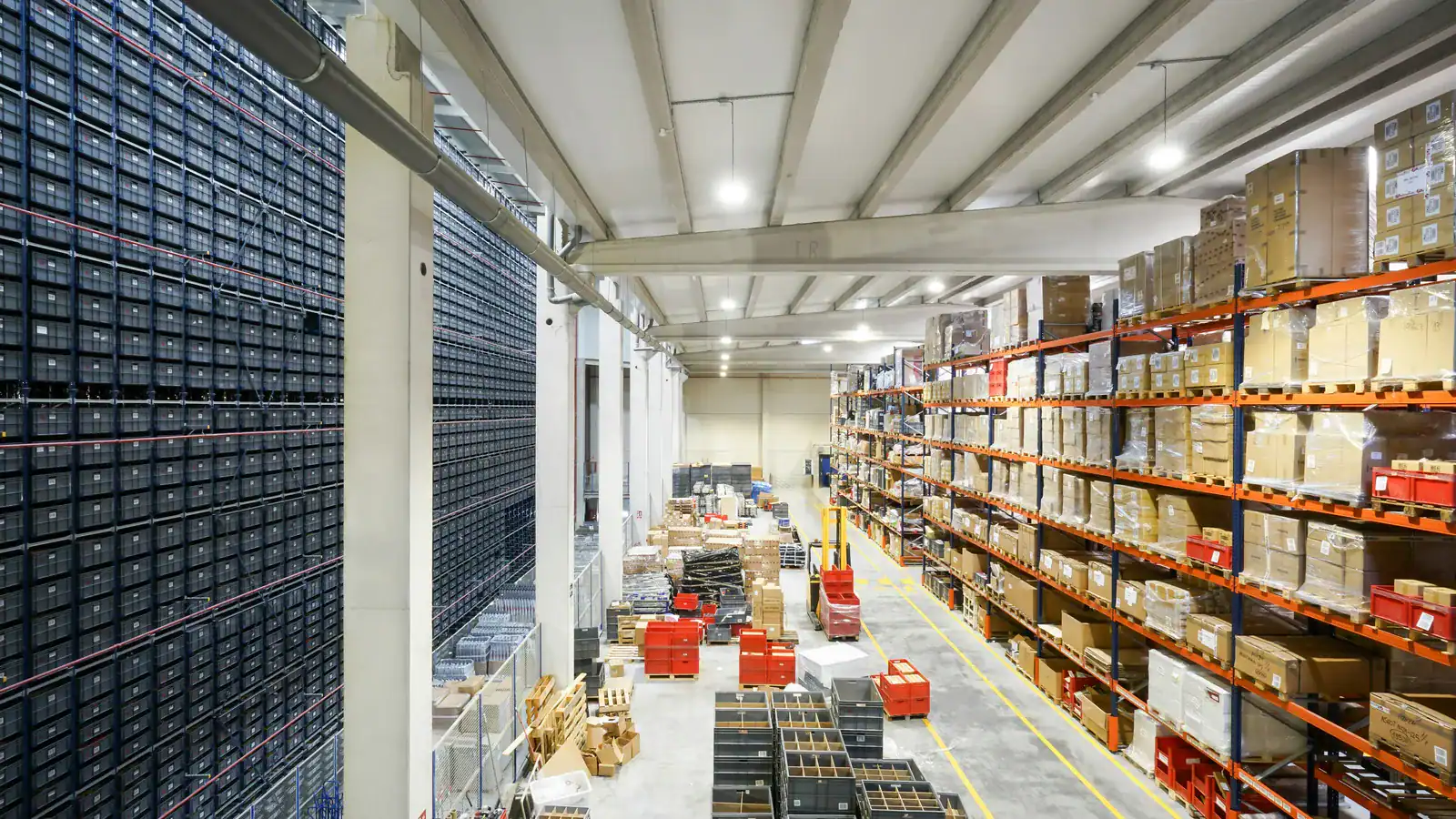 Large warehouse filled with stacked boxes