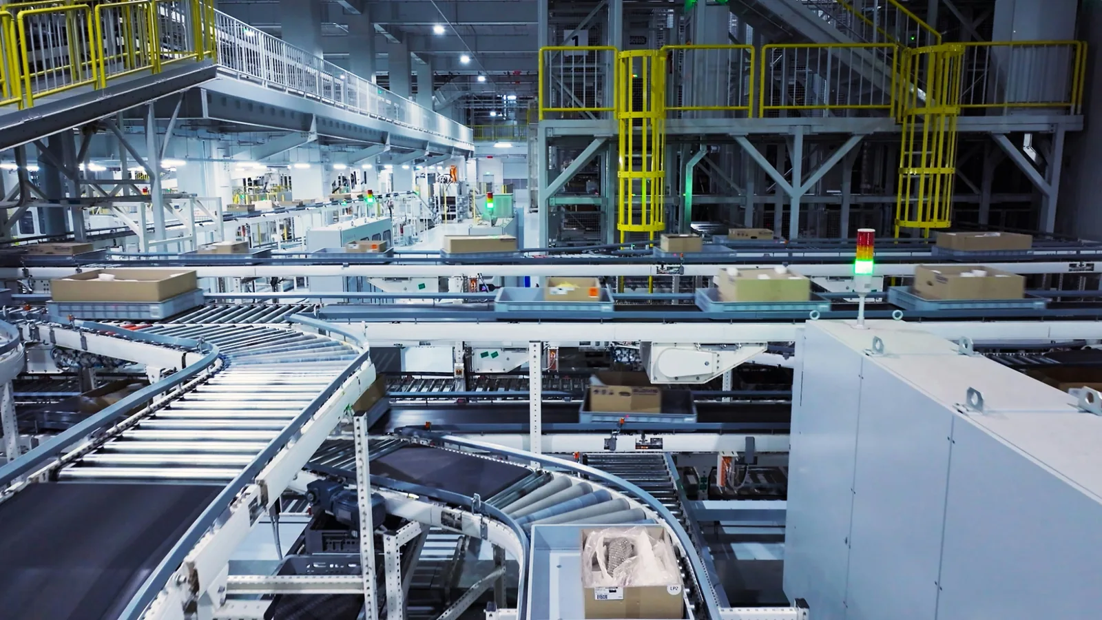 Factory floor with machines and boxes