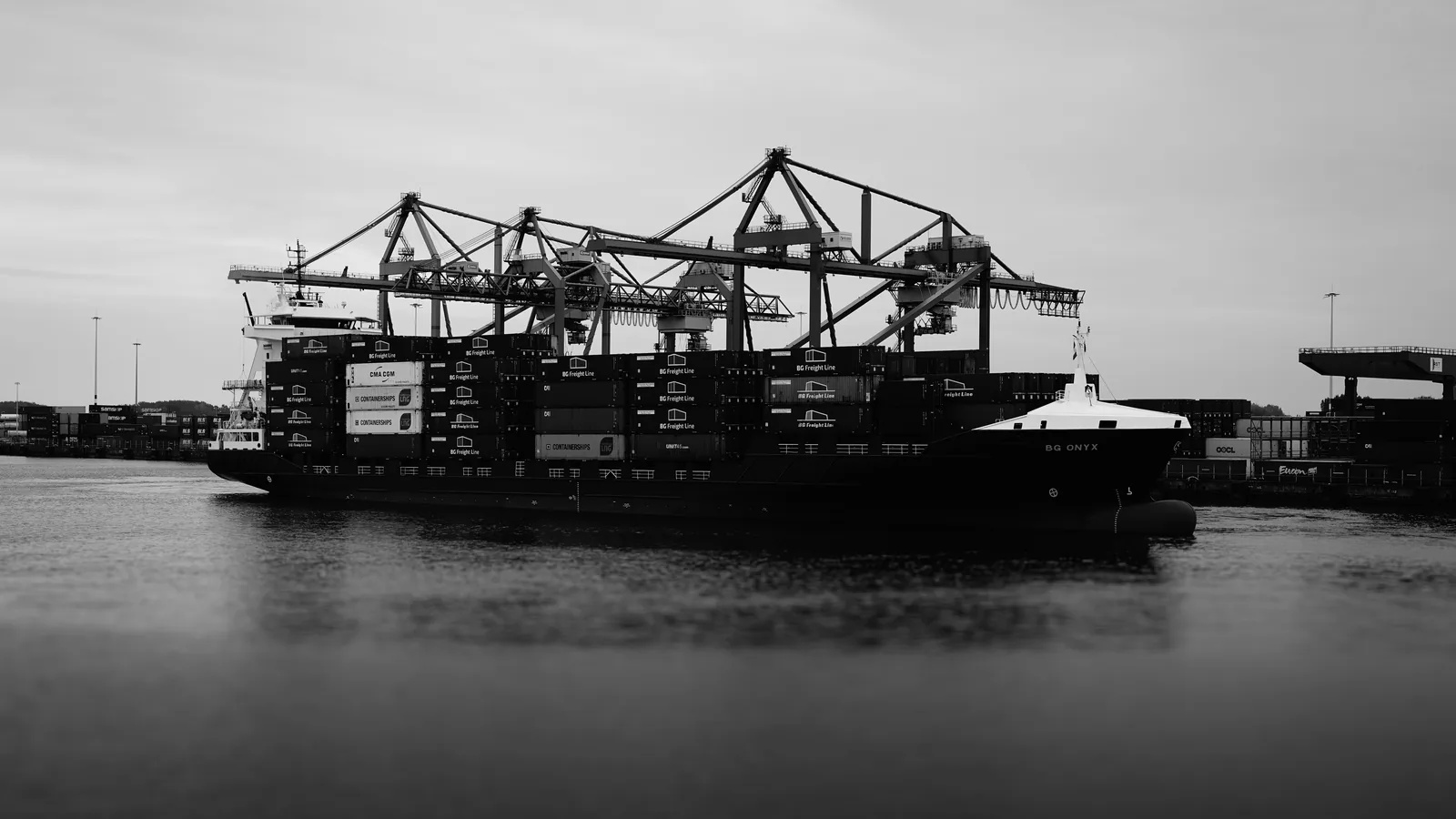 Large container ship with cranes in a harbor