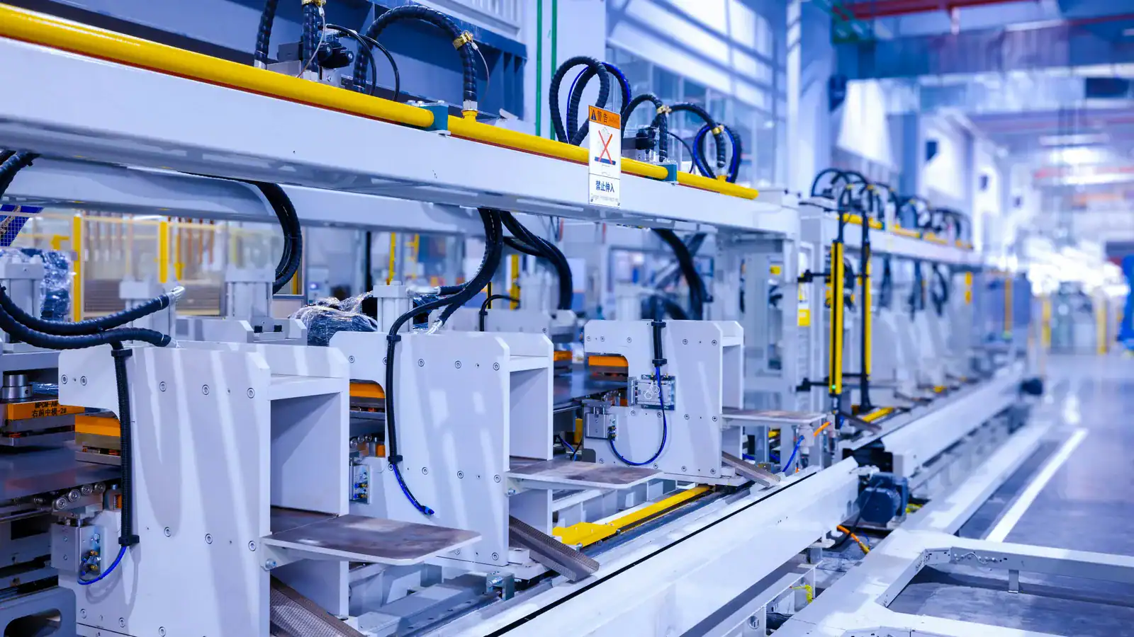 Factory floor with rows of machines