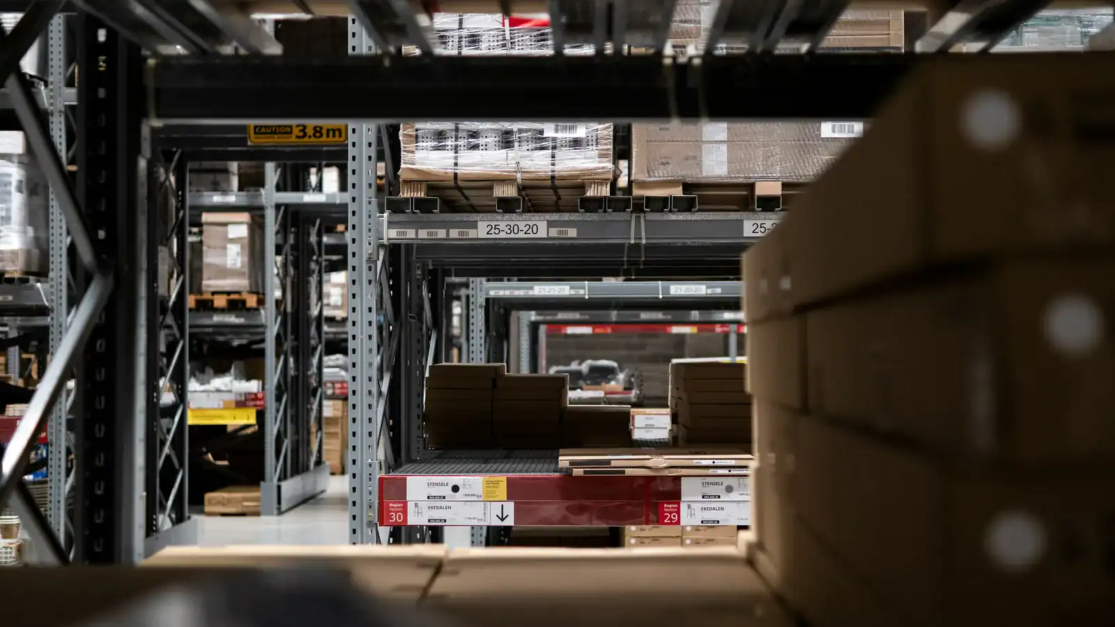 Warehouse filled with stacked boxes
